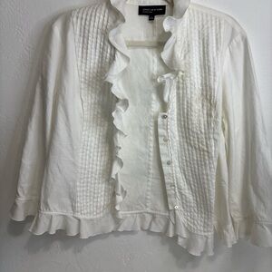 Jones New York White Ruffled 3/4 Sleeve Blouse